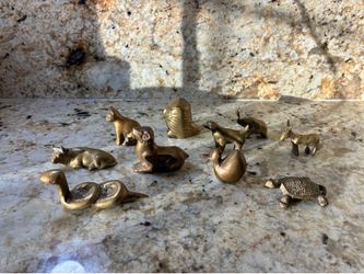 Vintage Brass Miniature Animals Lot of 10 Korea Snake Ram Bull Owl Cat Turtle Duck Dog Donkey Elephant