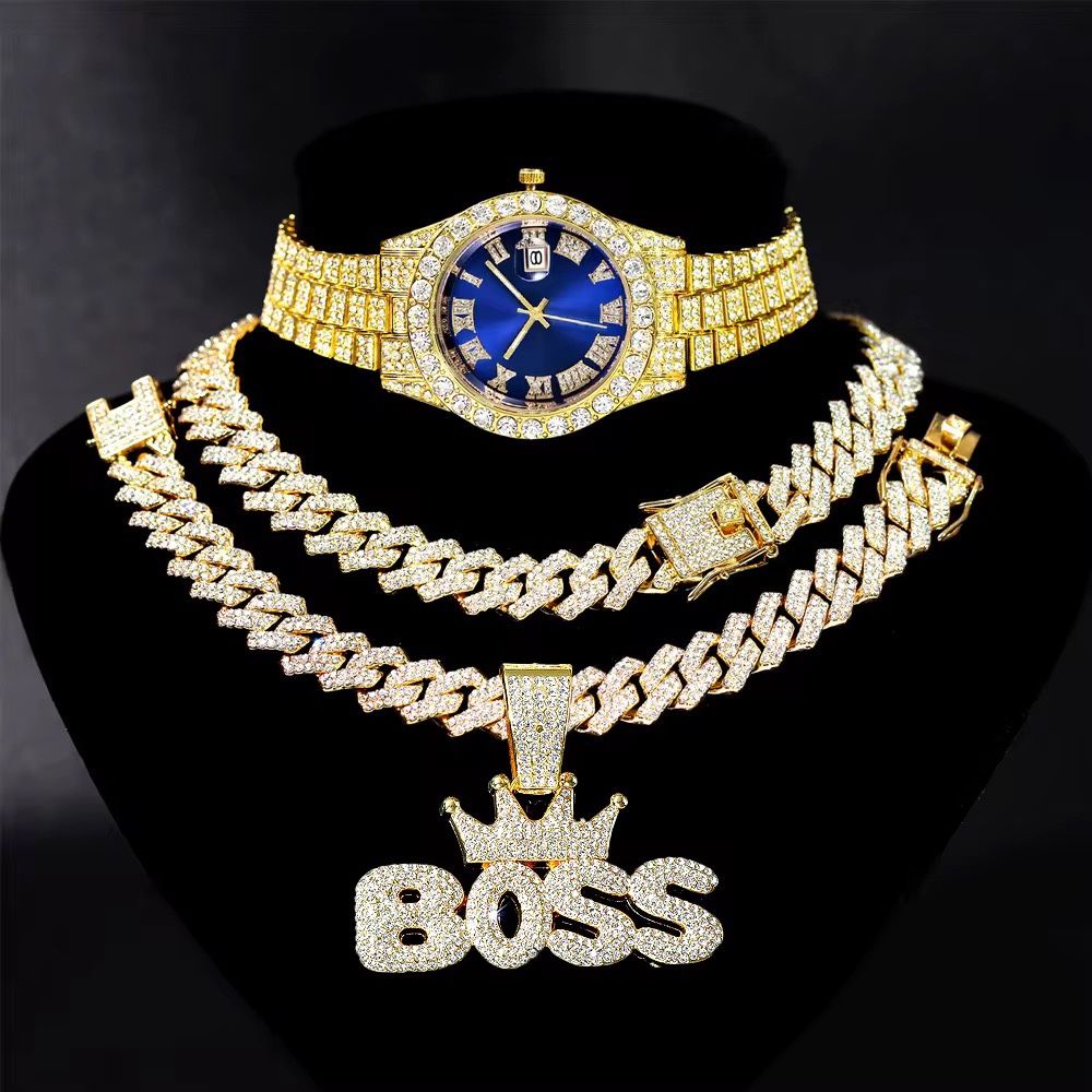 Hip Hop Watch+Necklace+Bracelet+pendant  Chain Jewelry Sets for MenMen Luxury Wristwatches