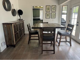 Rustic Industrial Counter Height Dining Set + Matching Buffet Cabinet (6 Piece)