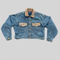 vintage 90’s Jou Jou denim jean jacket jeweled beaded colorful jacket Size Large 