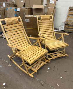 Set of 2, Bamboo Rocking Chairs Sun Lounger Recliners Outdoor Brown Classic Wood Reclining