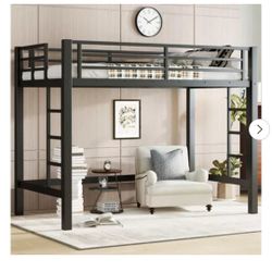 Twin Metal Loft Bed Frame Black with Ladders Guardrails Space Saving Design