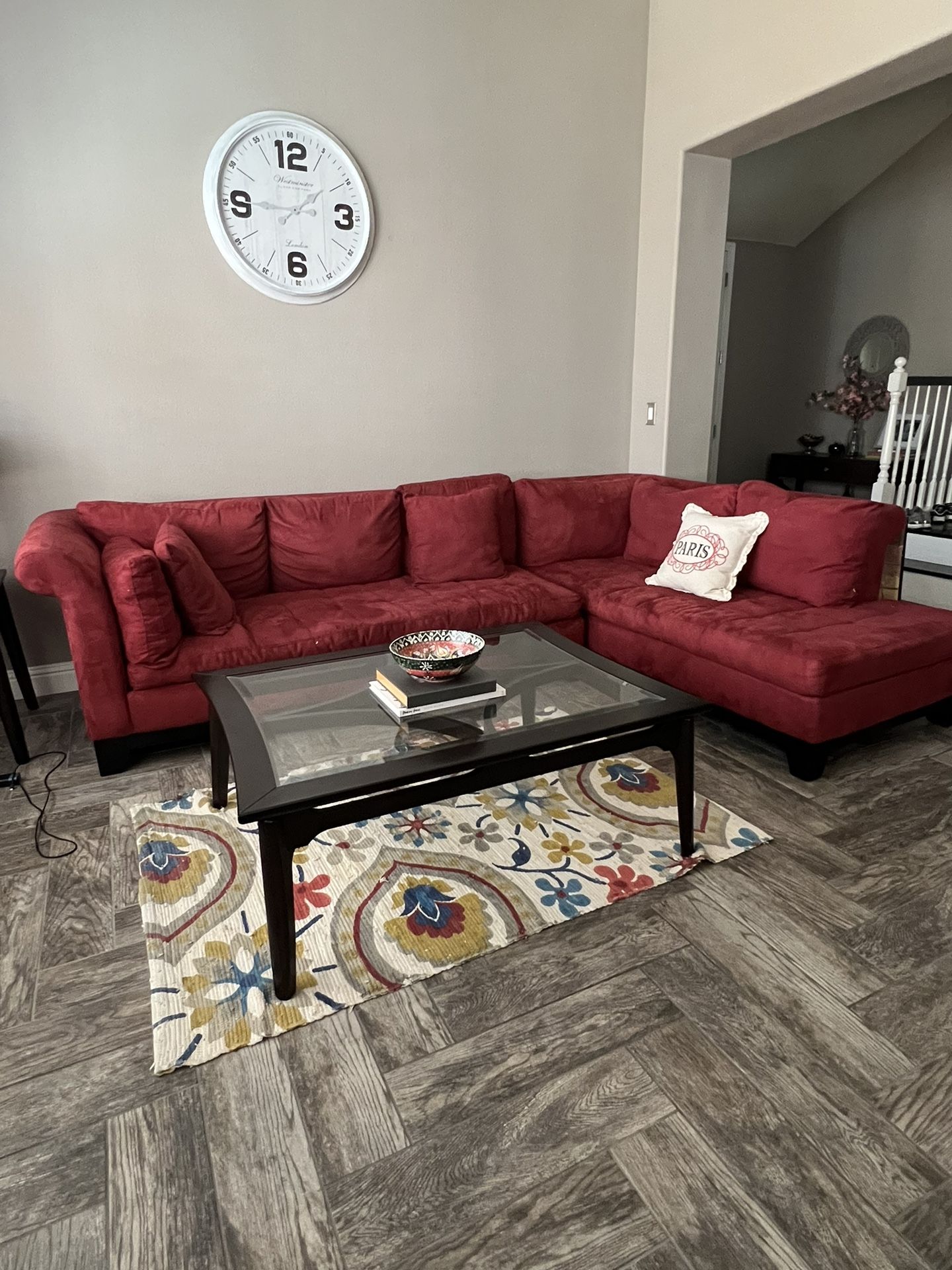 Red Suede Couch with Coffee and side table 