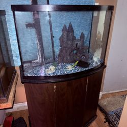 Fish Aquarium With Rocks And Castle And Stand Cabinet