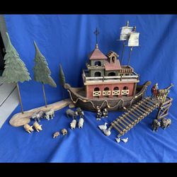 NOAH’s ARK, Wooden, Noah, ALL 20 Animals, Trees, Dock, Platform, VINTAGE
