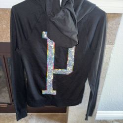 NEW Victorias Secret PINK Rainbow p Black Full Zip Hoodie Sequin Lightweight Size Small Rare 