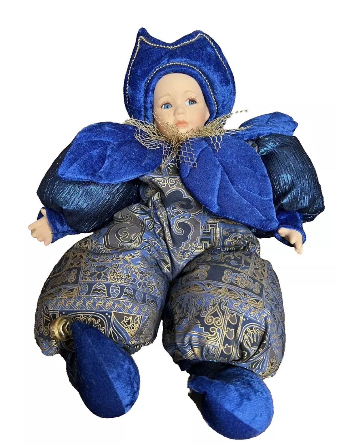 Vtg Porcelain Clown Court Jester Doll 15" Blue Velour Gold Accents by Delton