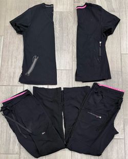 2‑Set Koi Scrubs Lot – Size M Petite – Black with Pink Trim