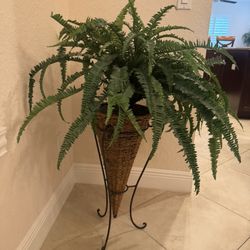 Artificial Boston fern featured in a conical wicker basket set on a wrought iron display stand - 26” 