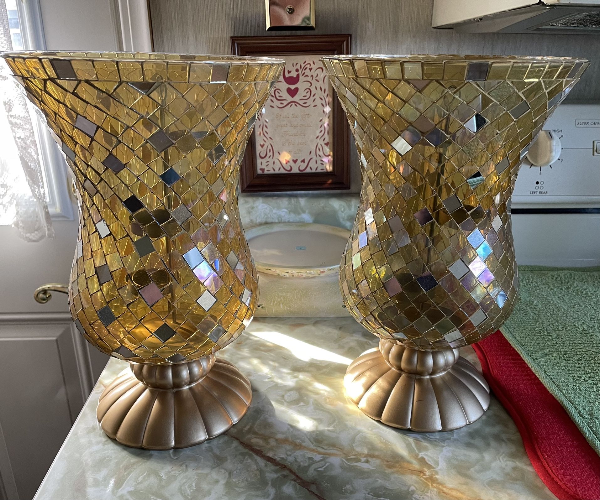 PartyLite Gold Mosaic Hurricane Vases (2)