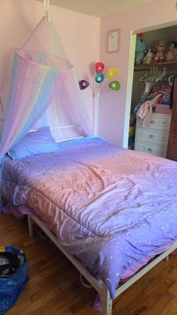 Queen bed frame, mattress, and sheets