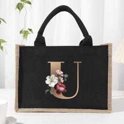 New Black U Initial Monogram Floral Canvas Tote Bag