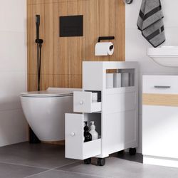 New Homcom 6.25" x 20.5" x 28.25" Narrow Wood Rolling Bathroom Side Storage Cabinet in White