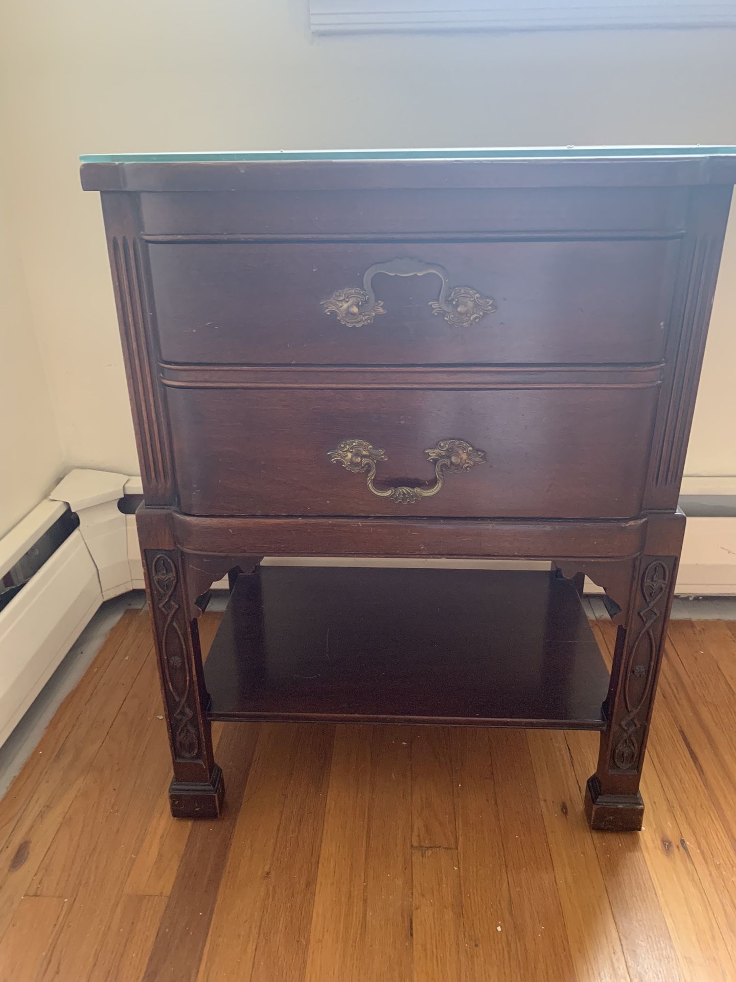 Wooden Bedside Table With Glass Cover