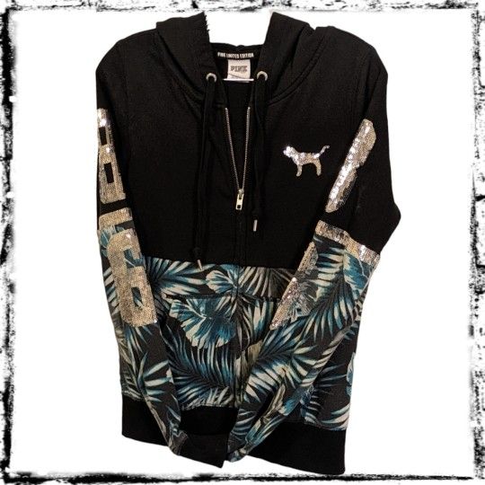 PINK Victoria's Secret Tropical Print Silver Sequin Hoodie Sweatshirt Women's XS