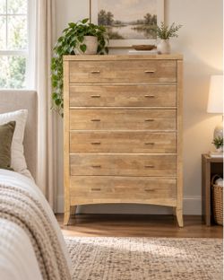 Beautiful Solid Wood 6-Drawer Tall Dresser | Natural Wood + Brass
