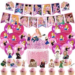TS Taylor Popular Singer Party Decorations, Happy Birthday Decor with Banner Hanging Swirls Balloons Cupcake Cake Topper for Women Wife Girlfriend Gir