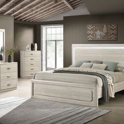 Queen Bedroom Ser With Warm White LED On Headboard, Dresser, Mirror, Nightstand Included 