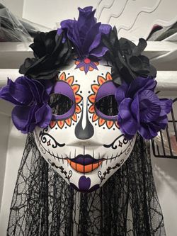 Day Of The Dead Sugar Skull Mask With Veil, Día De Los Muertos