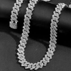 2-Pcs Iced Out 14K White Gold-Plated Cubic Zirconia Cuban Chain Necklace and Bracelet Set
