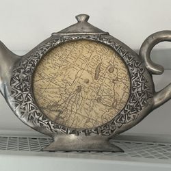 Vintage Pewter Ornate Metal Teapot Shaped Photo Frame, 7”x5”, Free Standing