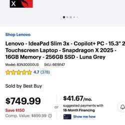 New Lenovo laptop IdeaPad Slim 3x 15.3” 2K Touchscreen — 16GB RAM
