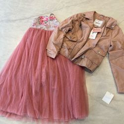 Pink floral dress with tulle skirt and pink leather jacket and dress