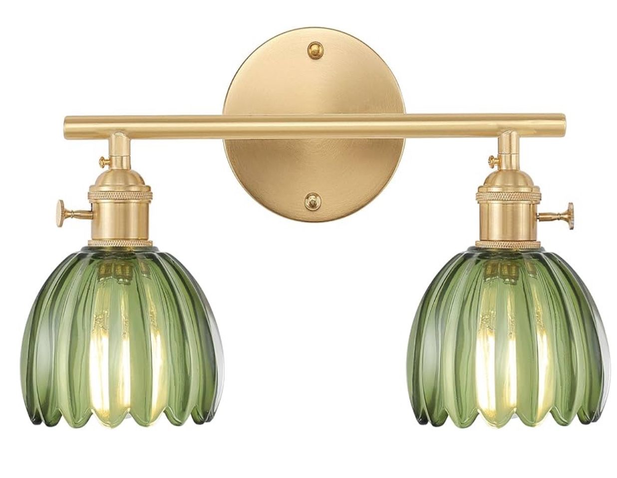 2-Light Brass Vanity Wall Light Over Mirror with Green Tulip Glass Shade