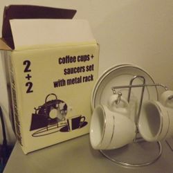 Casa Elite -2 Coffee Cups + 2saucers Set With A Metal Rack In Original Box