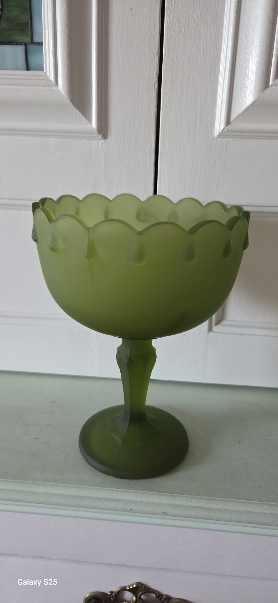 Satin green glass compote, 7"