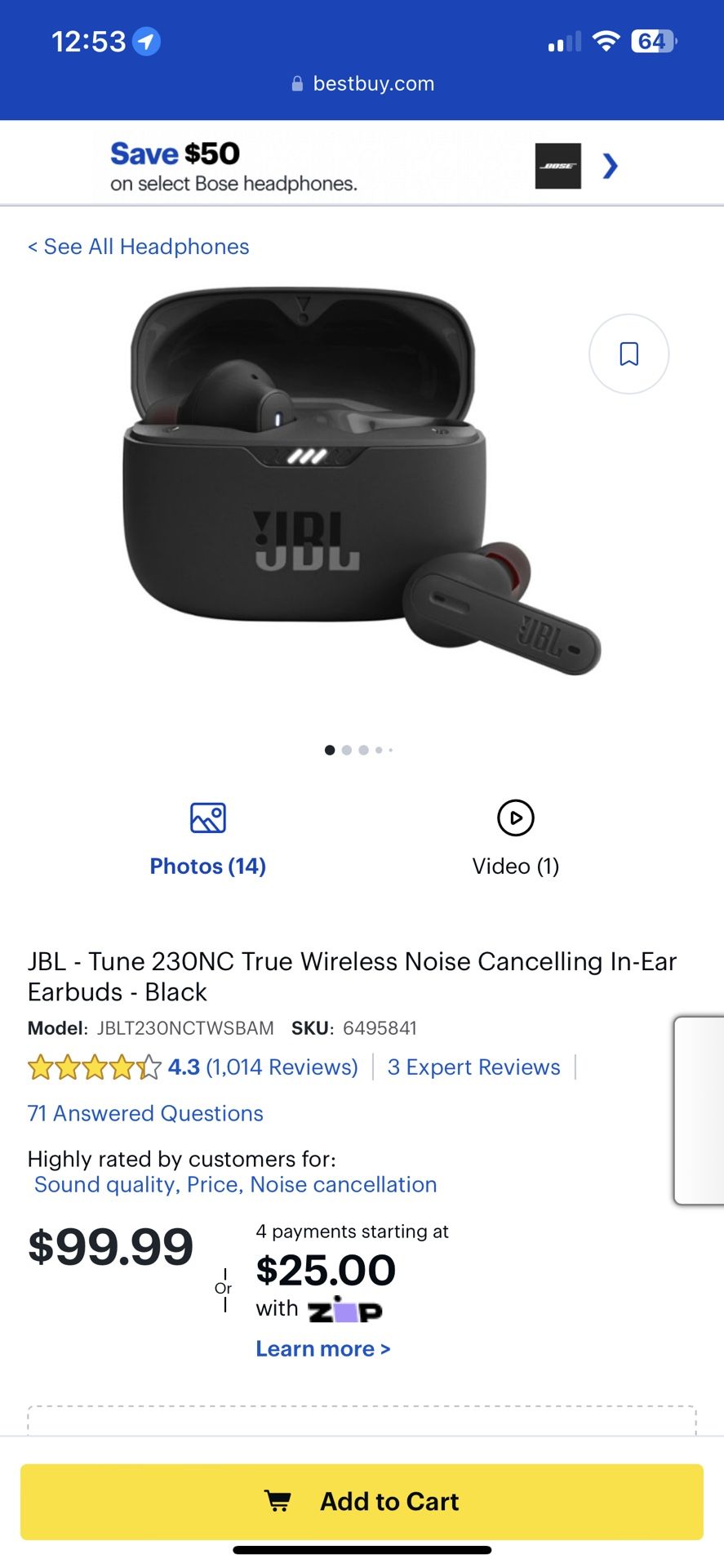 JBL Tune 230NC TWS True Wireless In-Ear Noise Cancelling Headphones - Black