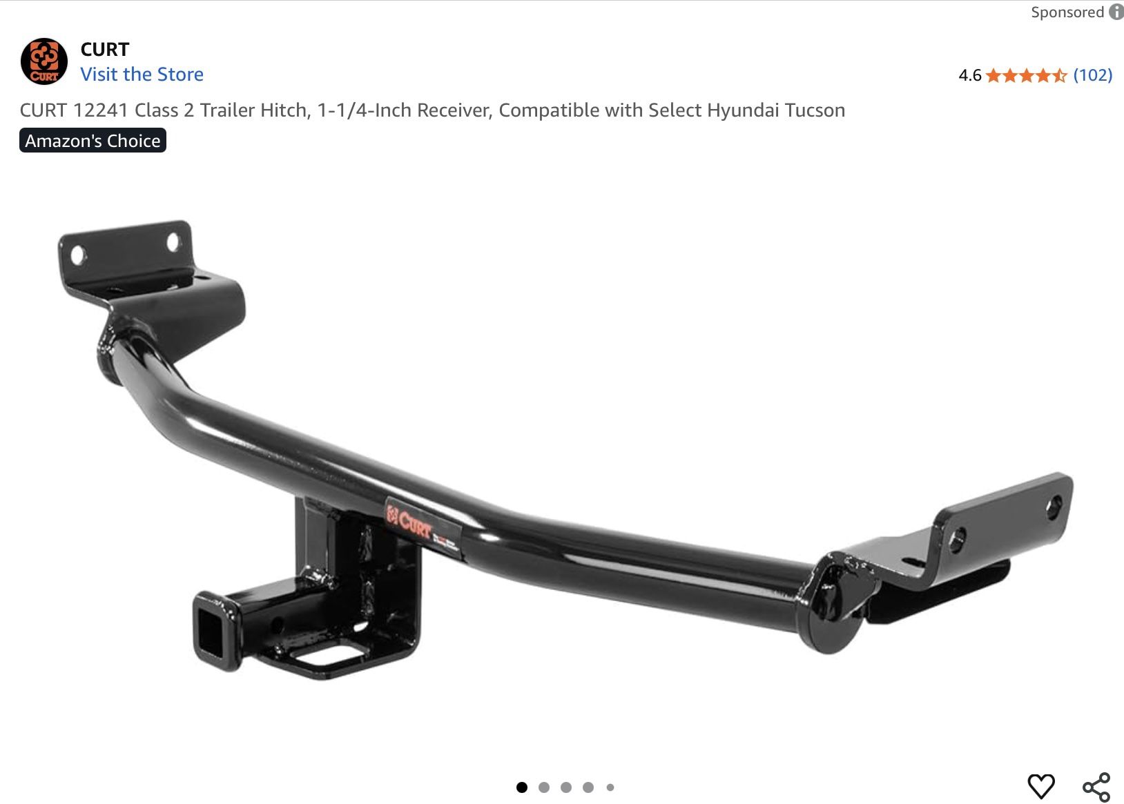 CURT 12241 Class 2 Trailer Hitch, 1-1/4-Inch Receiver, Compatible w/ 2016-2017-2021 Hyundai Tucson