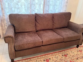 Brown Fabric 3-Seat Sofa with Nailhead Trim