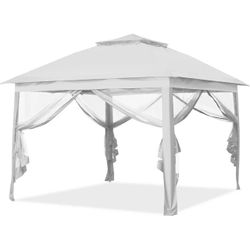 11 x 11 ft Patio Pop up Canopy Gazebo on Clearance, Outdoor Foldable Canopy Tent with Mosquito Netting,White