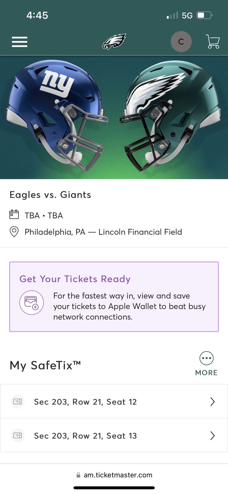 2 tickets to Eagles vs. Giants 