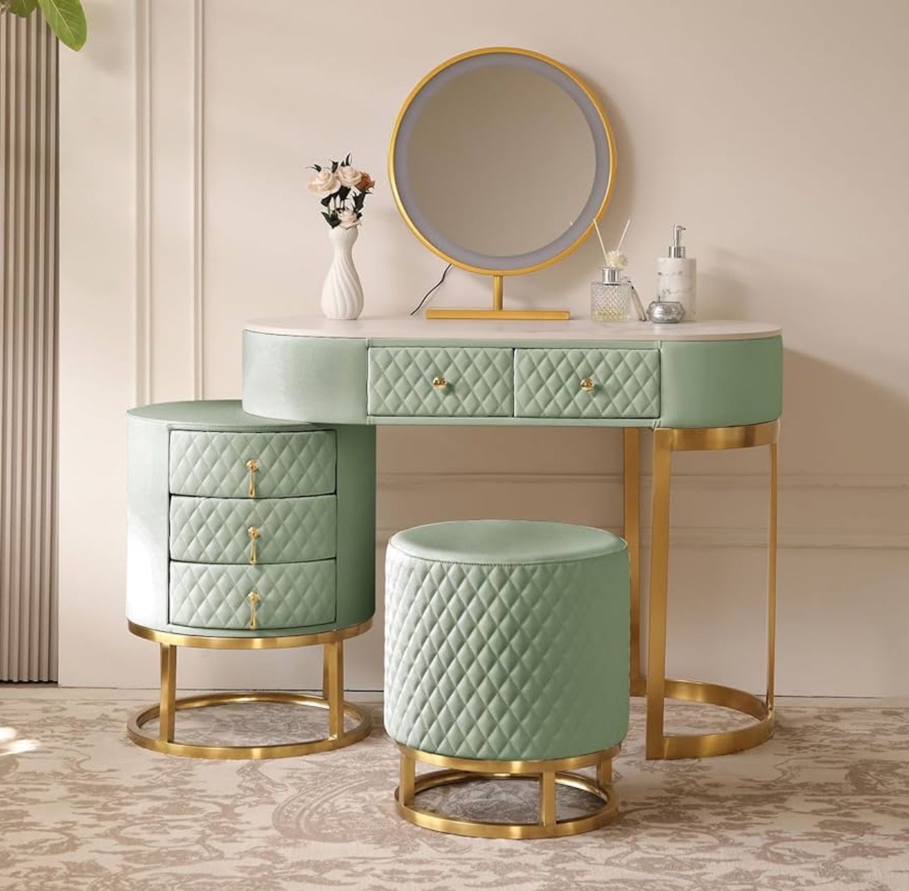 Fukayi Faux Leather Vanity Desk with Mirror and 3 Color LED Light, Dressing Table with 5 Drawer