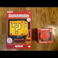 Nintendo Jumping Super Mario Bros Question Block Lamp & Mushroom light w sound