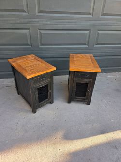 Ashley Furniture set of 2 Solid Wood End Tables with charger/AC outlets read description for details