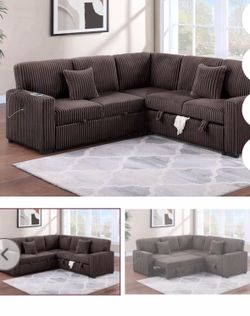 $550.  Sectional Pull Out Bed With Storage USB Cup Holder Available,I Ivory,Dark Gray,Corduroy