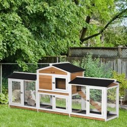 PawHut 90.5"~Wooden Rabbit Hutch/Small Animal/Bunny Cage~NEW~Playpen~No Leak~w Double Side Run~White