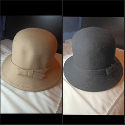 2 Unisex Cloche/Bowler Hats - SIZE: Medium  COLOR: Beige/Light Brown & Black