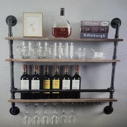 Industrial Pipe Shelf Wine Rack Wall Mounted with 9 Stem Glass Holder,3-Tiers Rustic Floating Bar Shelves Wine Shelf