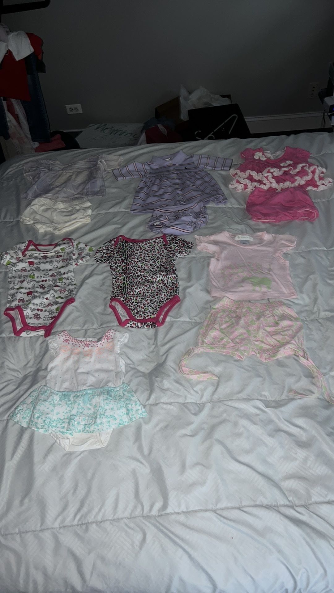 Baby girl 3-6m bundle. Some have stains. Purple dress is Ralph Lauren, onesies are first impressions, dress is petit lem