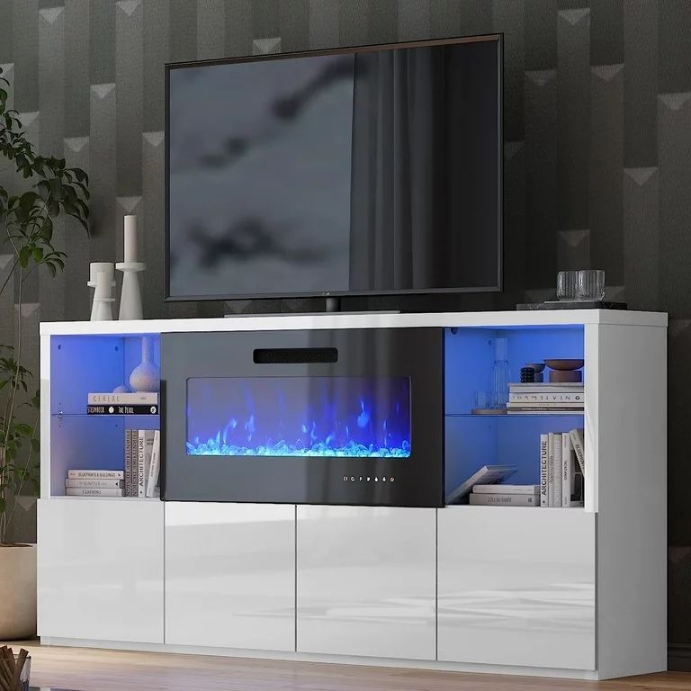 No fireplace Amerlife 68" TV Stand only TV Console Cabinet with Glass Shelves