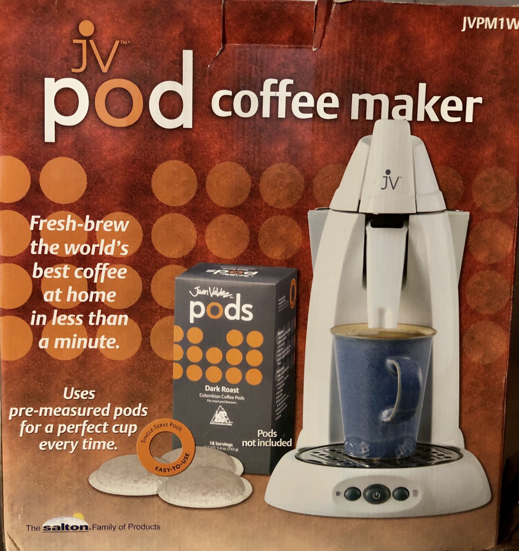 New Salton JV Juan Valdez Pod Coffee Maker Machine w/ Six 18-serving boxes of pods. JV PM1W White- Brand New In Box