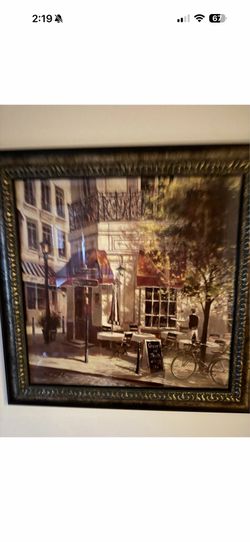 Two French Bistro Cafe Style Framed Pictures with Brown Gold Frames