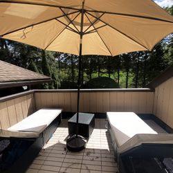 Patio Lounger, Side Table, and Umbrella
