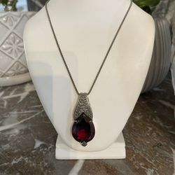 .925 Sterling Silver, Marcasite & Faceted Ruby Glass Crystal Pendant on Chain NWOT