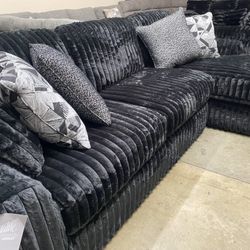 Black Onyx Plush Corduroy 2pc Sectional with Chaise 120x65 includes six accent pillow pick up can deliver