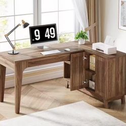 XK00749 57" L-Shaped Corner Desk, Wood Computer Desk Study Writing Table with Cabinet